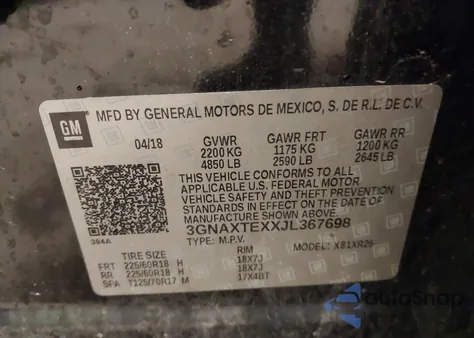 2018 Chevrolet Equinox Lt из США, поврежденный, VIN 3GNAXTEXXJL367698